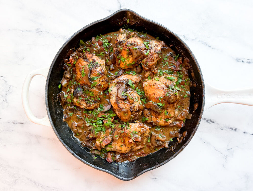 creamy bacon mushroom chicken in skillet
